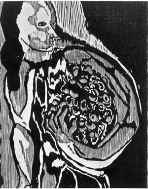 Woodcut 'Woman with Flowers'